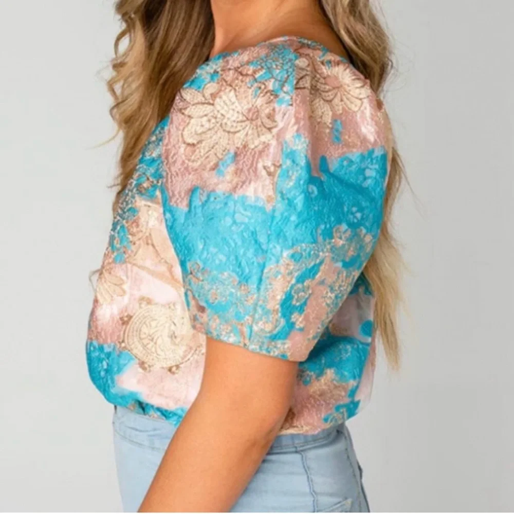 Buddy Love Turquoise Pink Gold Floral Satin Blouse - Picture 5 of 6